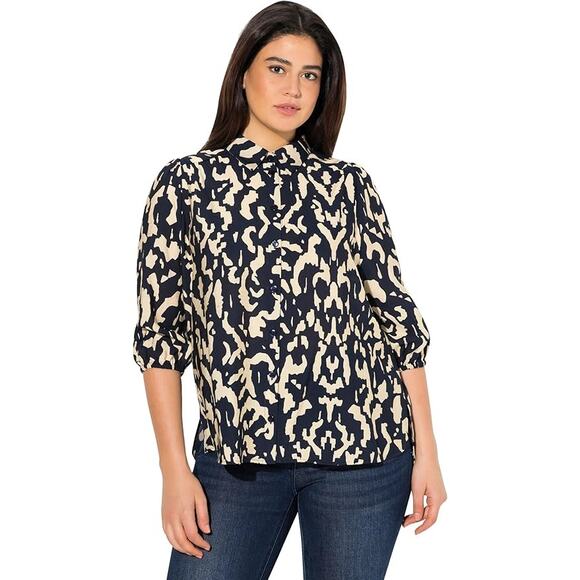 Ulla Popken Oversized Button Down Blouse‎ Navy Beige Ikat Print 20/22 NWT - Picture 1 of 7